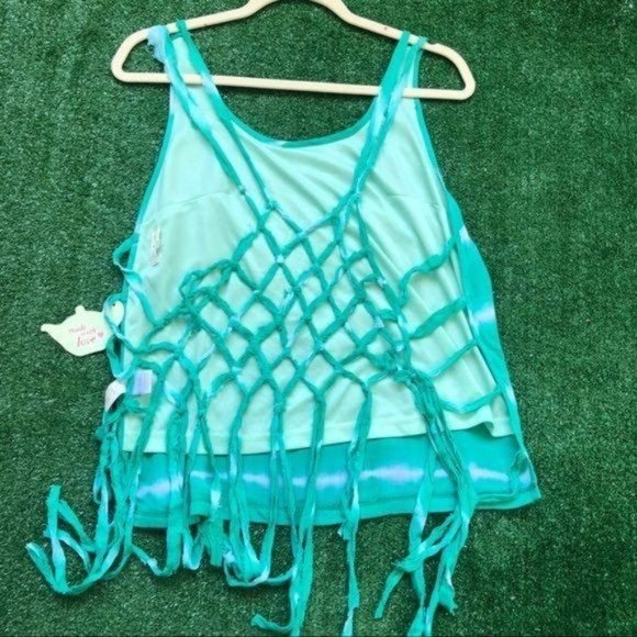 Tea n Cup Green & White Tie Dye Caged Back Sleeveless Top with Fringe - Picture 5 of 8
